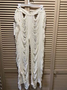 Cream Open-Knit Fringe Wide-Leg Pants
